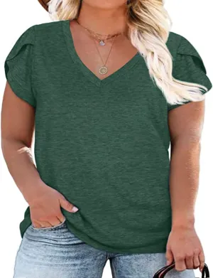 Womens Plus Size Tops V Neck T Shirts Casual Loose Petal Sleeve Tee Shirts
