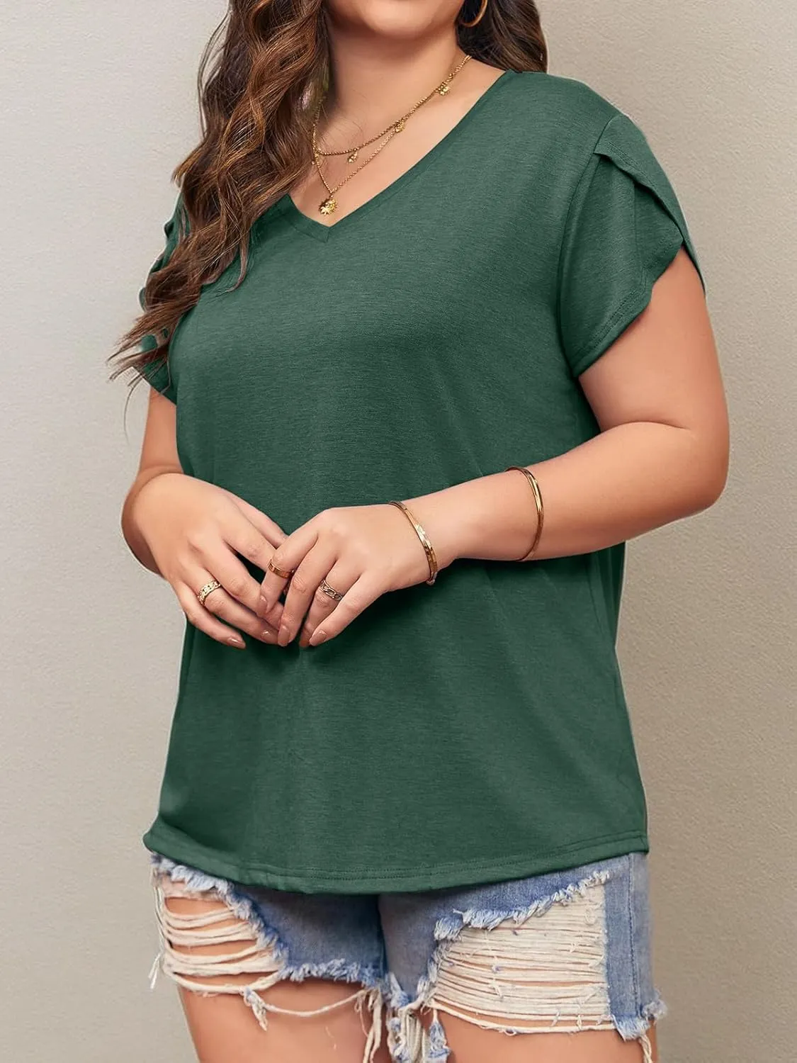 Womens Plus Size Tops V Neck T Shirts Casual Loose Petal Sleeve Tee Shirts