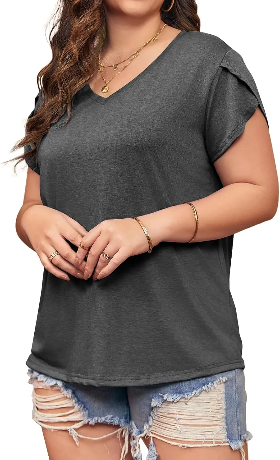 Womens Plus Size Tops V Neck T Shirts Casual Loose Petal Sleeve Tee Shirts