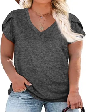 Womens Plus Size Tops V Neck T Shirts Casual Loose Petal Sleeve Tee Shirts
