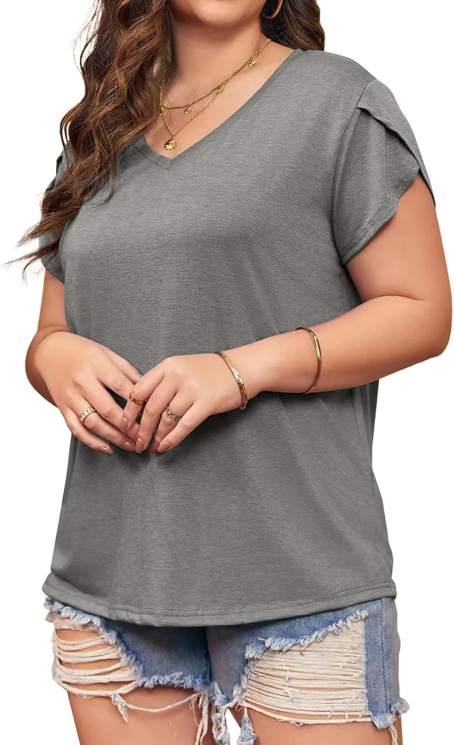 Womens Plus Size Tops V Neck T Shirts Casual Loose Petal Sleeve Tee Shirts
