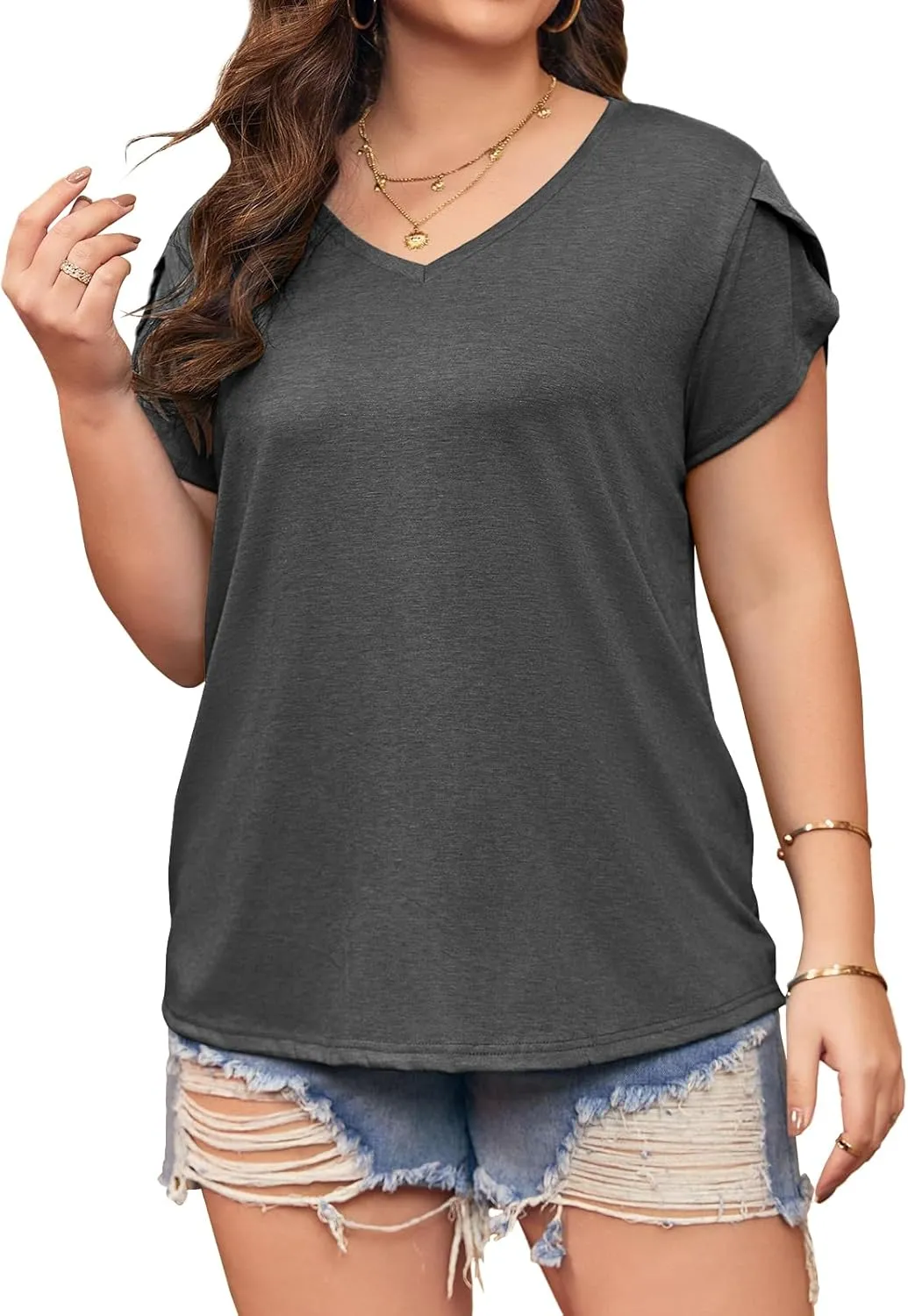Womens Plus Size Tops V Neck T Shirts Casual Loose Petal Sleeve Tee Shirts