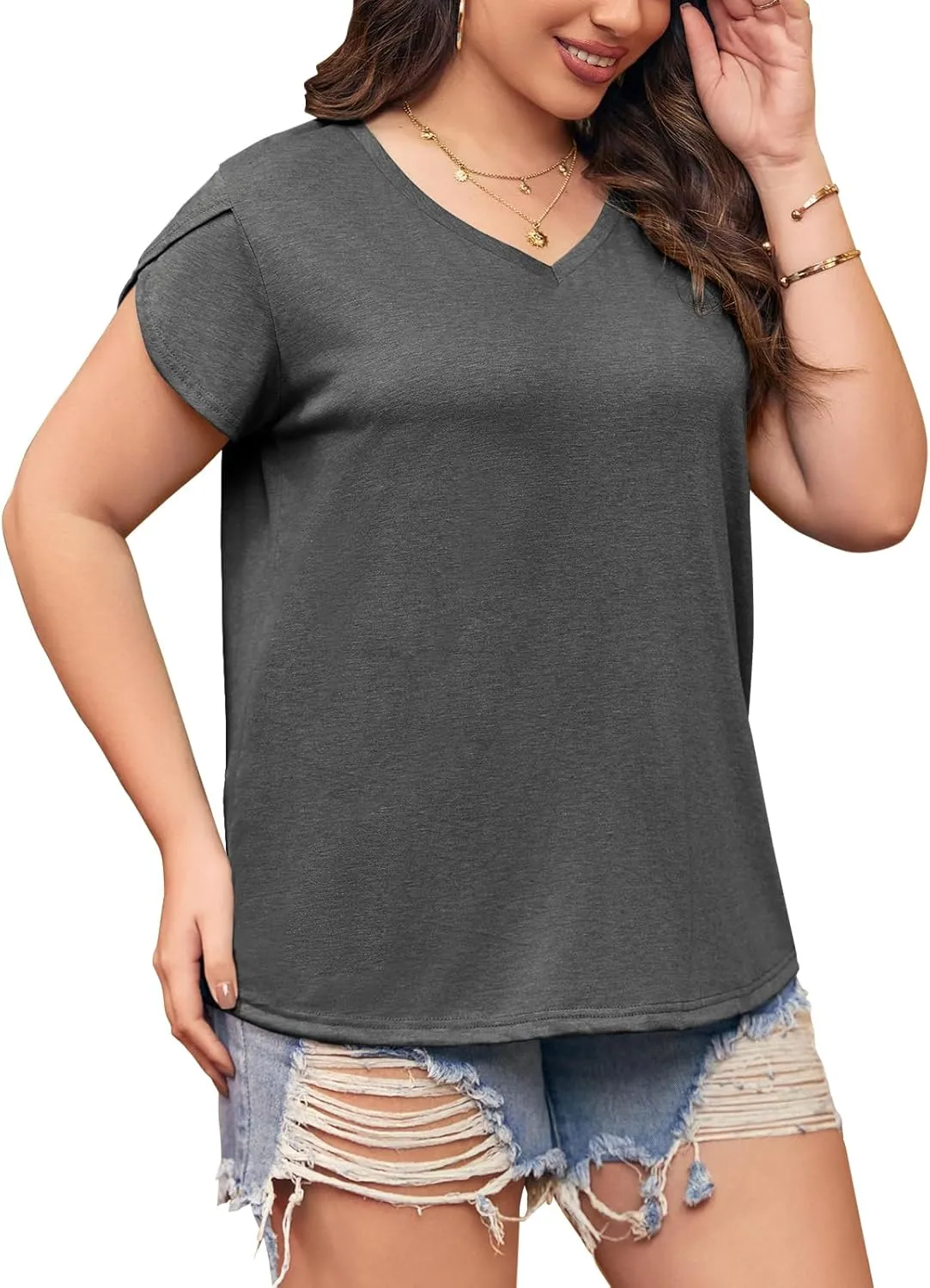Womens Plus Size Tops V Neck T Shirts Casual Loose Petal Sleeve Tee Shirts