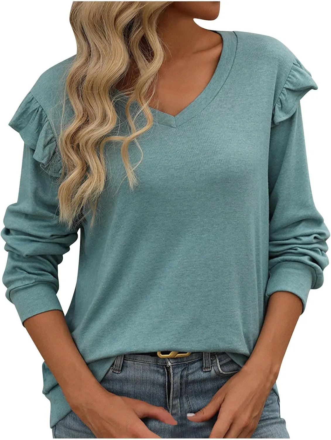 Women's Puff Long Sleeve T Shirt Fall Cute Dressy Casual Ruffle V Neck Tunic Tops Office Work Shirts Tops Fall