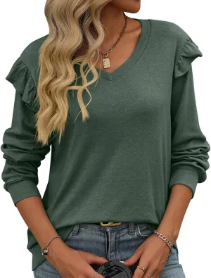 Women's Puff Long Sleeve T Shirt Fall Cute Dressy Casual Ruffle V Neck Tunic Tops Office Work Shirts Tops Fall
