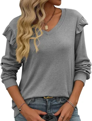 Women's Puff Long Sleeve T Shirt Fall Cute Dressy Casual Ruffle V Neck Tunic Tops Office Work Shirts Tops Fall