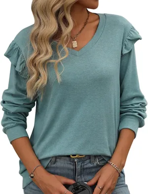 Women's Puff Long Sleeve T Shirt Fall Cute Dressy Casual Ruffle V Neck Tunic Tops Office Work Shirts Tops Fall