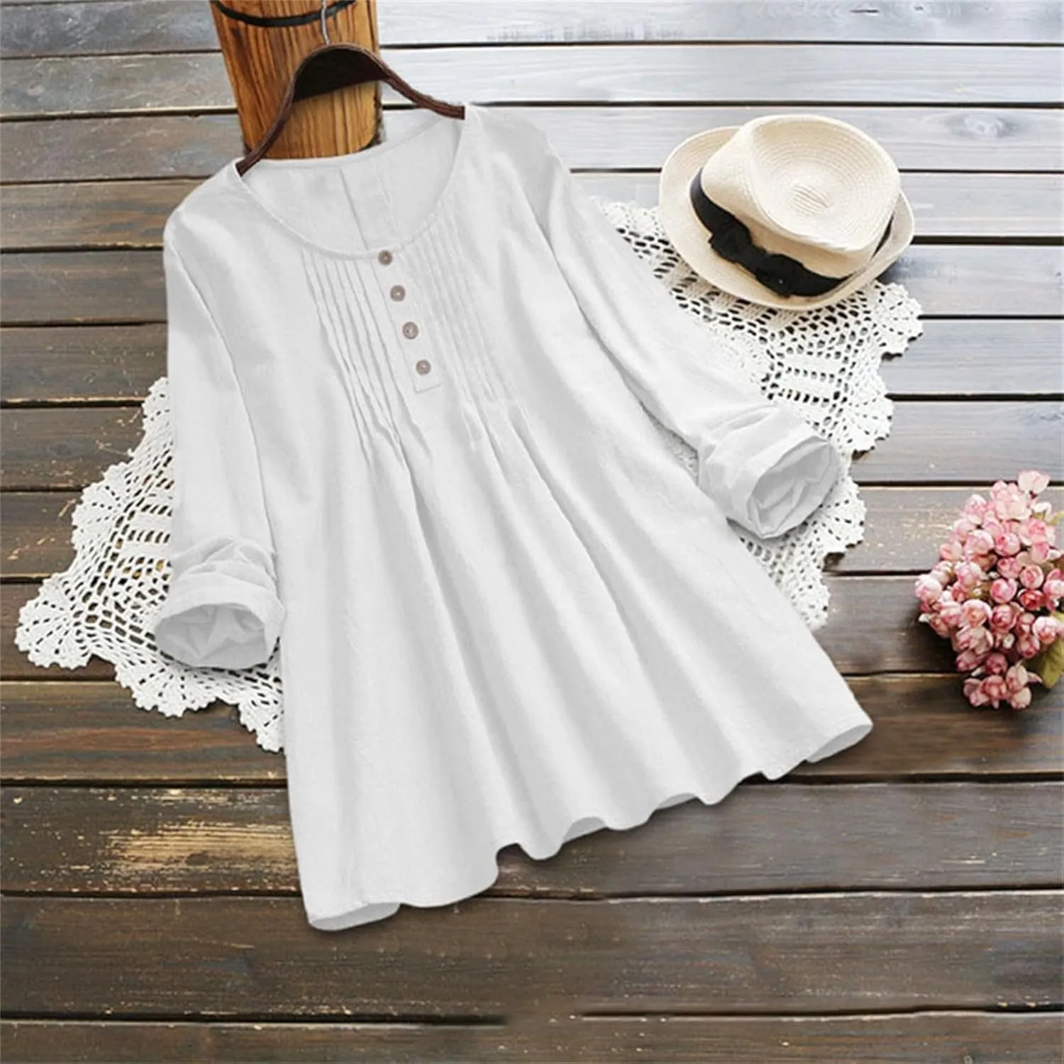 Women's Retro Shirts Loose Fit Crewneck Long Sleeve Button Down Pleated Casual Blouse Daily Commute Work Holiday Tops