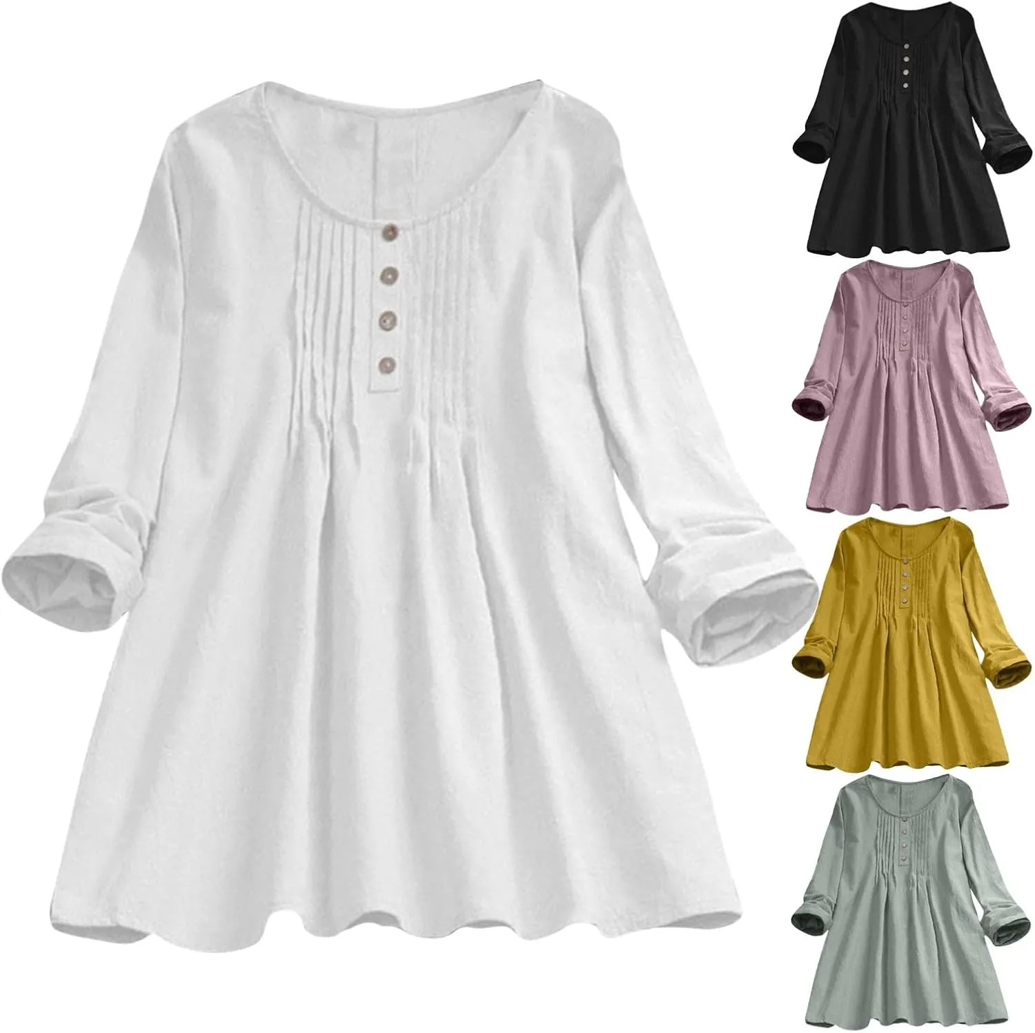 Women's Retro Shirts Loose Fit Crewneck Long Sleeve Button Down Pleated Casual Blouse Daily Commute Work Holiday Tops
