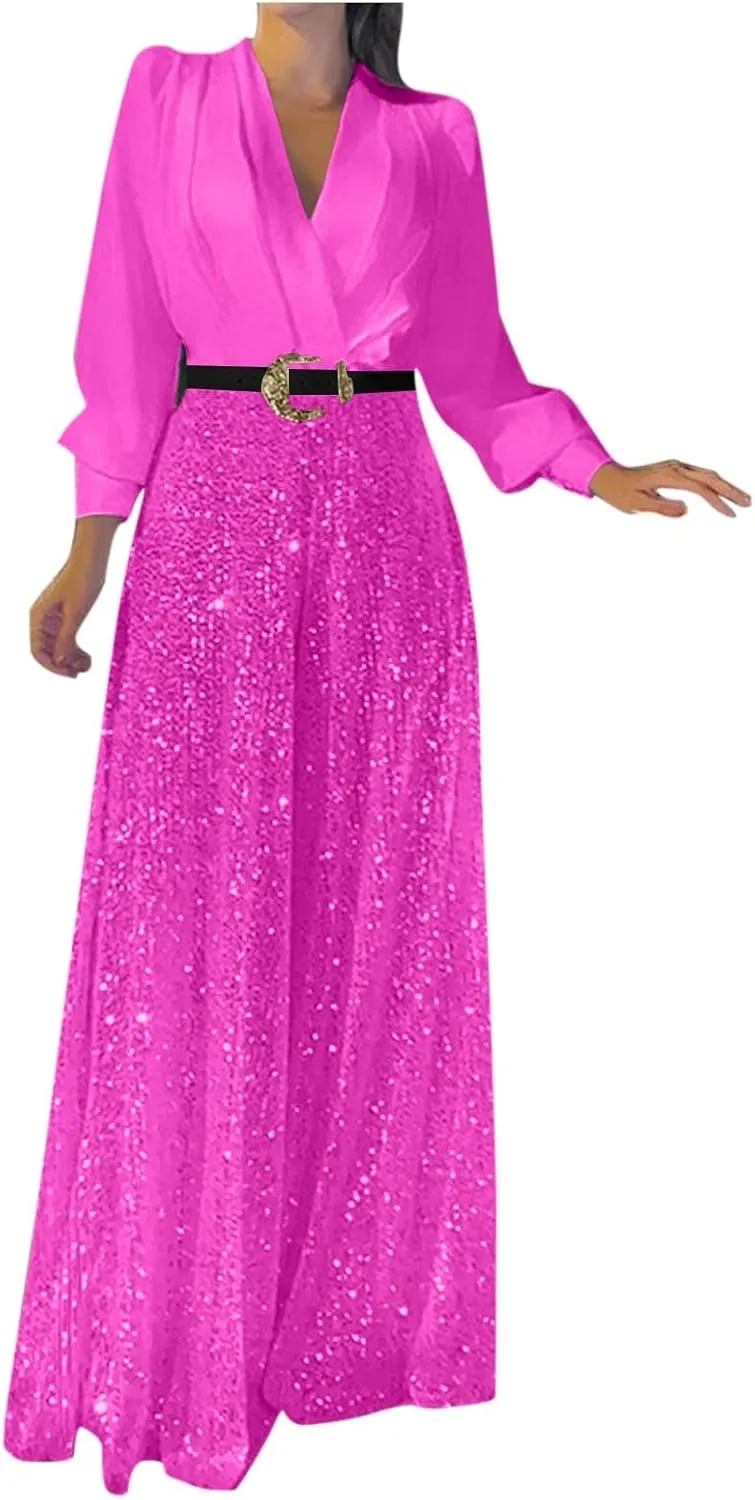 Womens Sequins Jumpsuits Belted High Waisted Wide Leg Trouser Suit Clubwear Long Sleeve V-Neck Party Evening Outfit