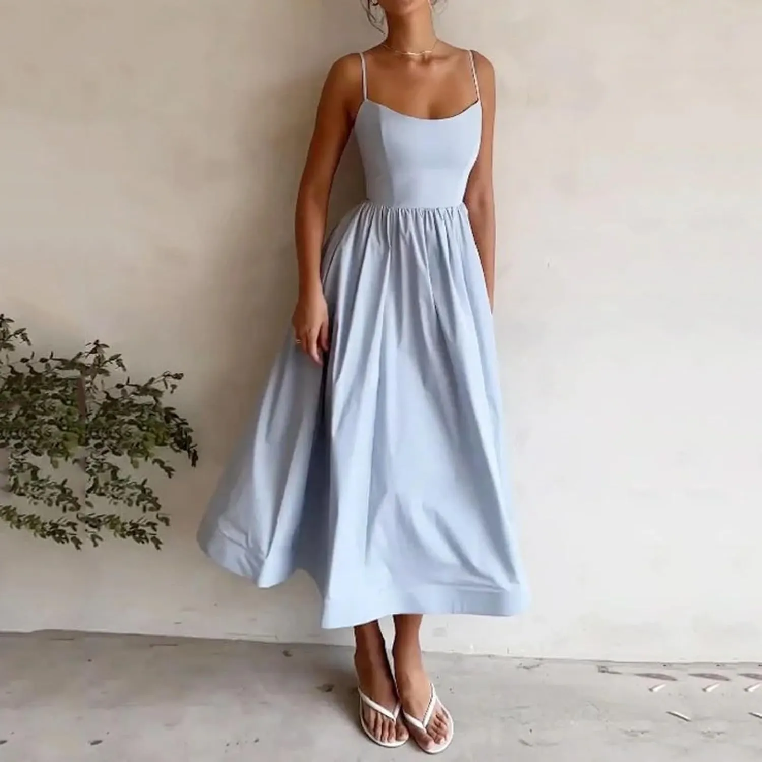 Women's Sexy Low Cut Spaghetti Strap Long Dresses Casual Sleeveless Trendy Slimd Midi Dress Square Neck Bustier Dress