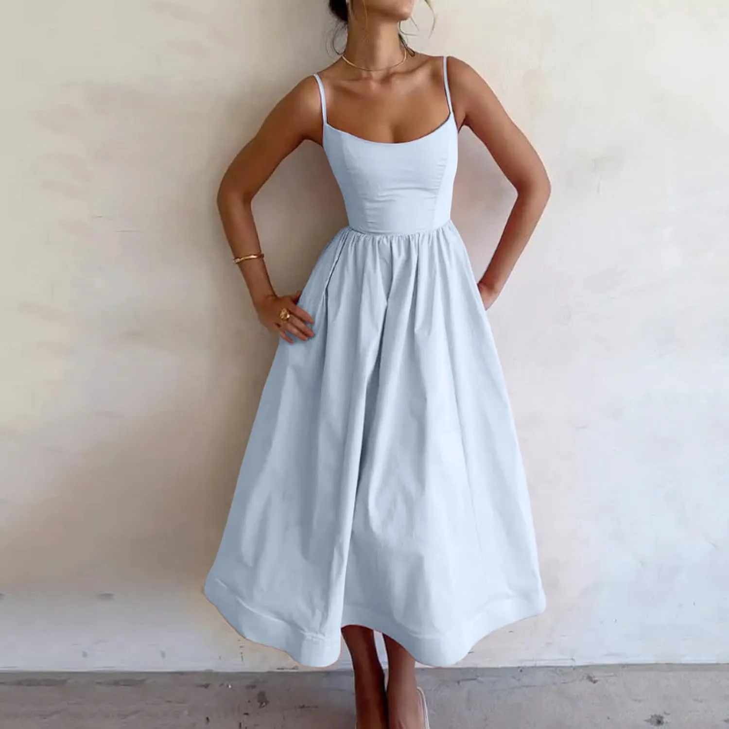Women's Sexy Low Cut Spaghetti Strap Long Dresses Casual Sleeveless Trendy Slimd Midi Dress Square Neck Bustier Dress