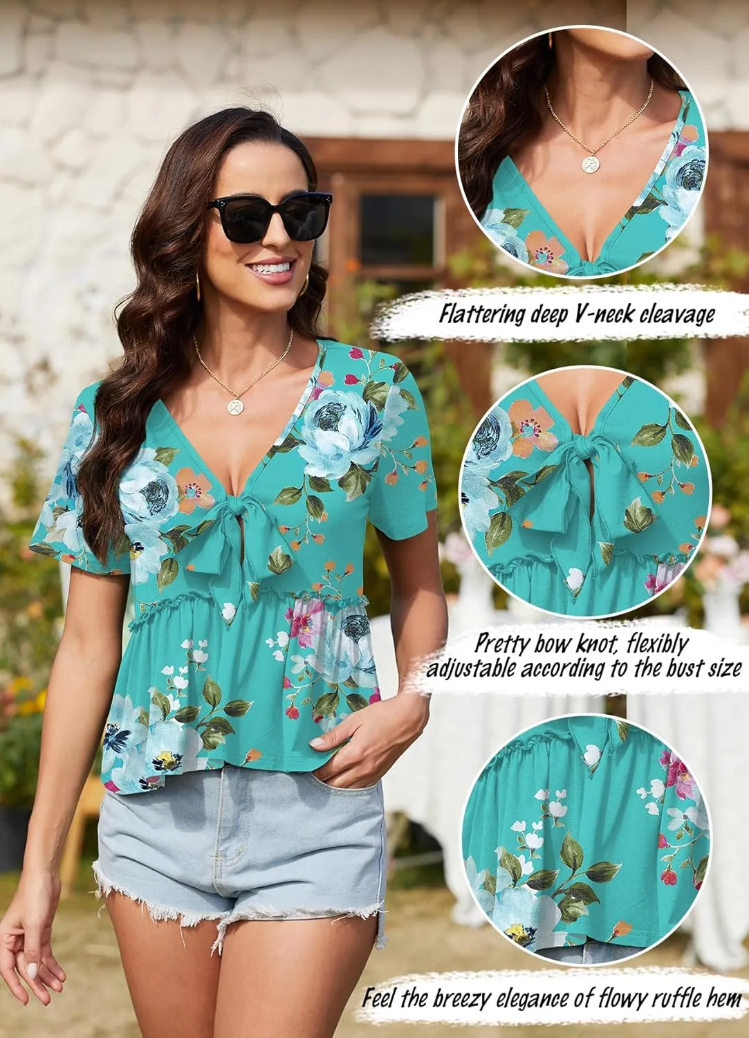 Womens Sexy V Neck Tops Summer Cute Ruffle Shirts Cutout Tie Bow Blouse Short Sleeve Crop Tops