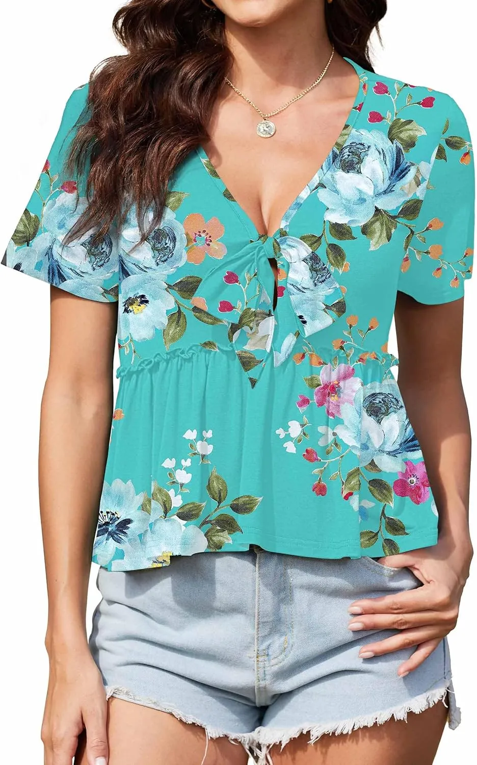 Womens Sexy V Neck Tops Summer Cute Ruffle Shirts Cutout Tie Bow Blouse Short Sleeve Crop Tops