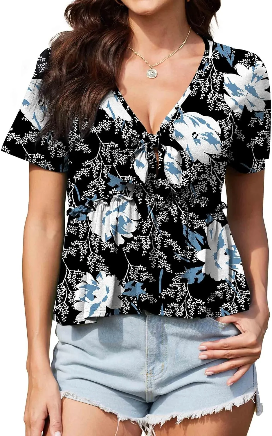 Womens Sexy V Neck Tops Summer Cute Ruffle Shirts Cutout Tie Bow Blouse Short Sleeve Crop Tops