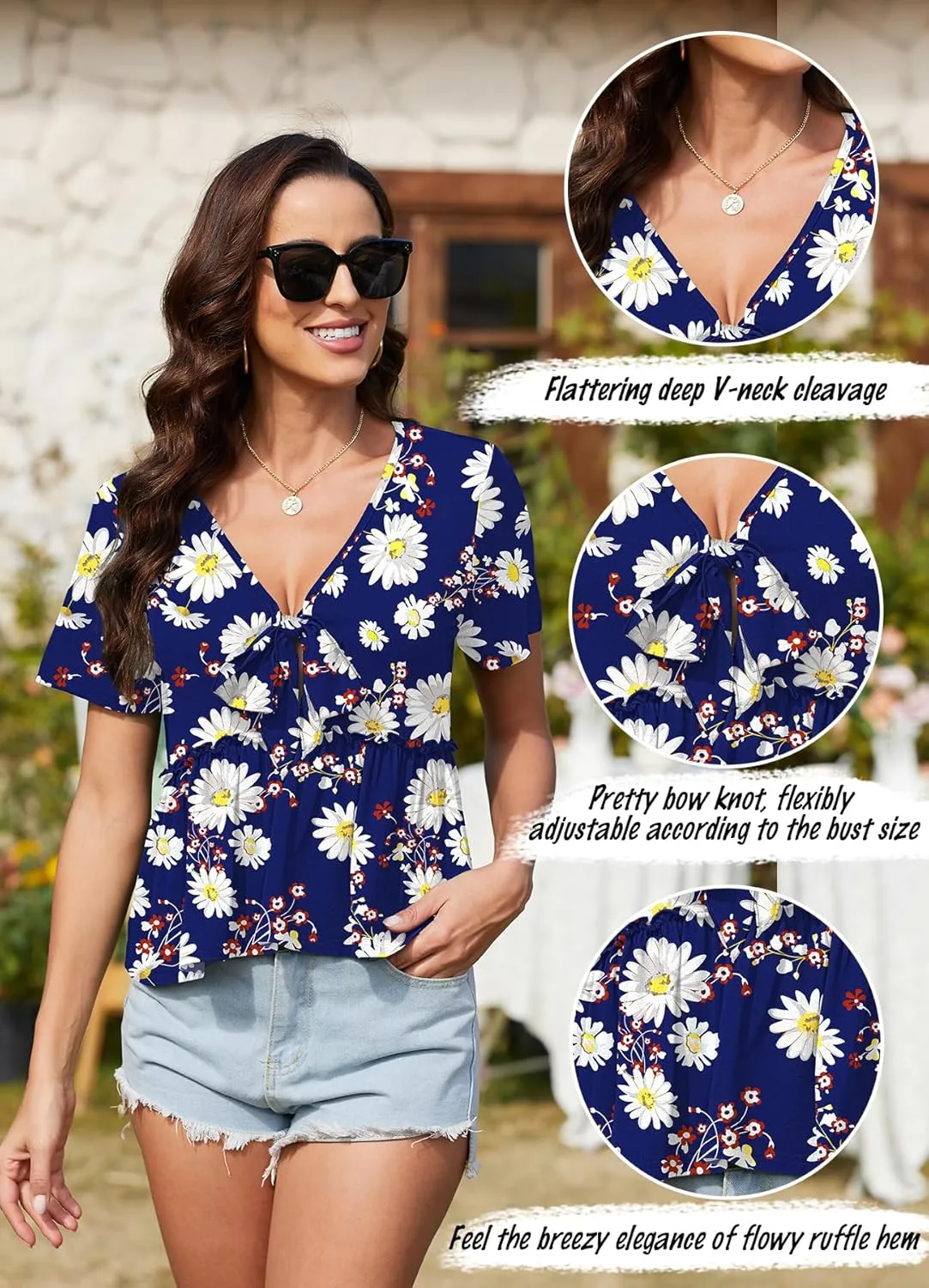 Womens Sexy V Neck Tops Summer Cute Ruffle Shirts Cutout Tie Bow Blouse Short Sleeve Crop Tops