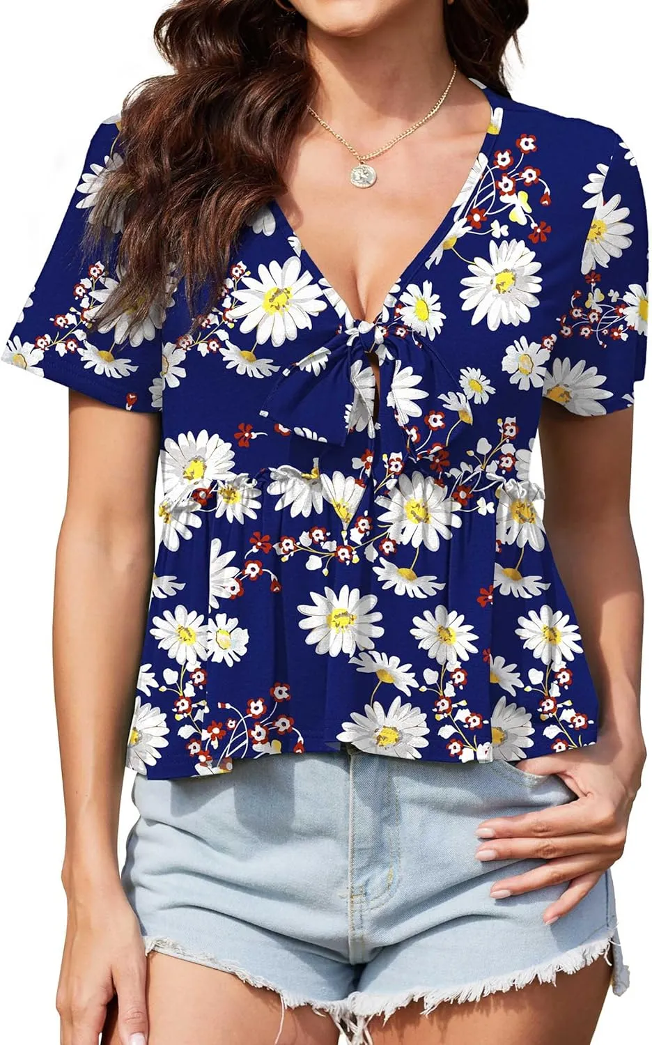 Womens Sexy V Neck Tops Summer Cute Ruffle Shirts Cutout Tie Bow Blouse Short Sleeve Crop Tops