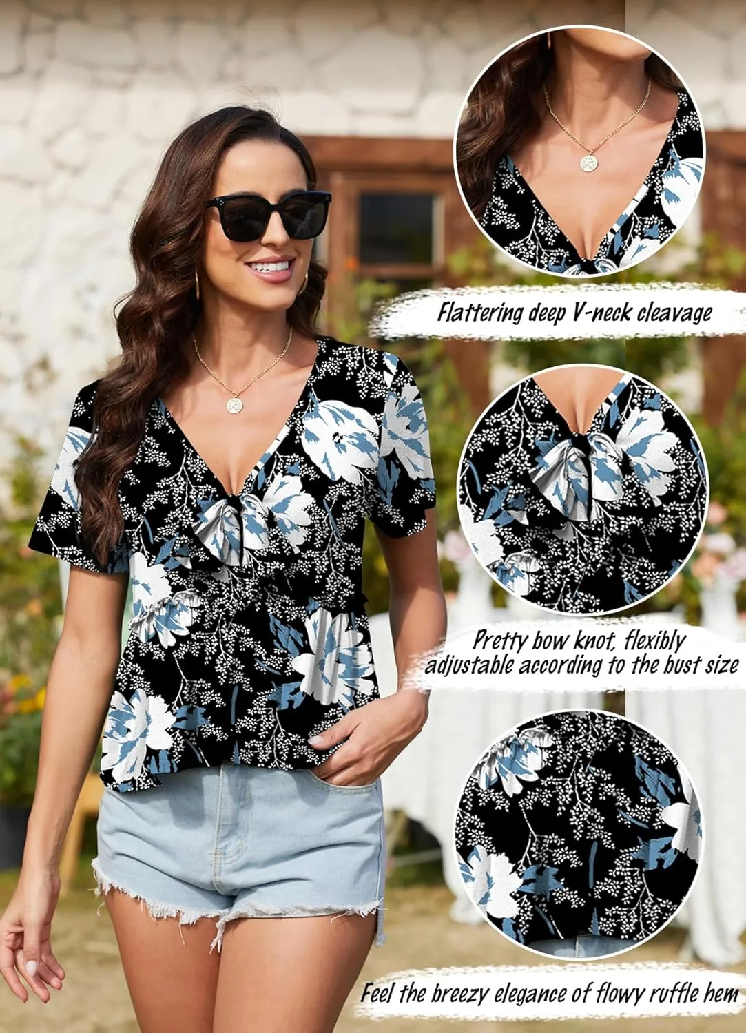Womens Sexy V Neck Tops Summer Cute Ruffle Shirts Cutout Tie Bow Blouse Short Sleeve Crop Tops