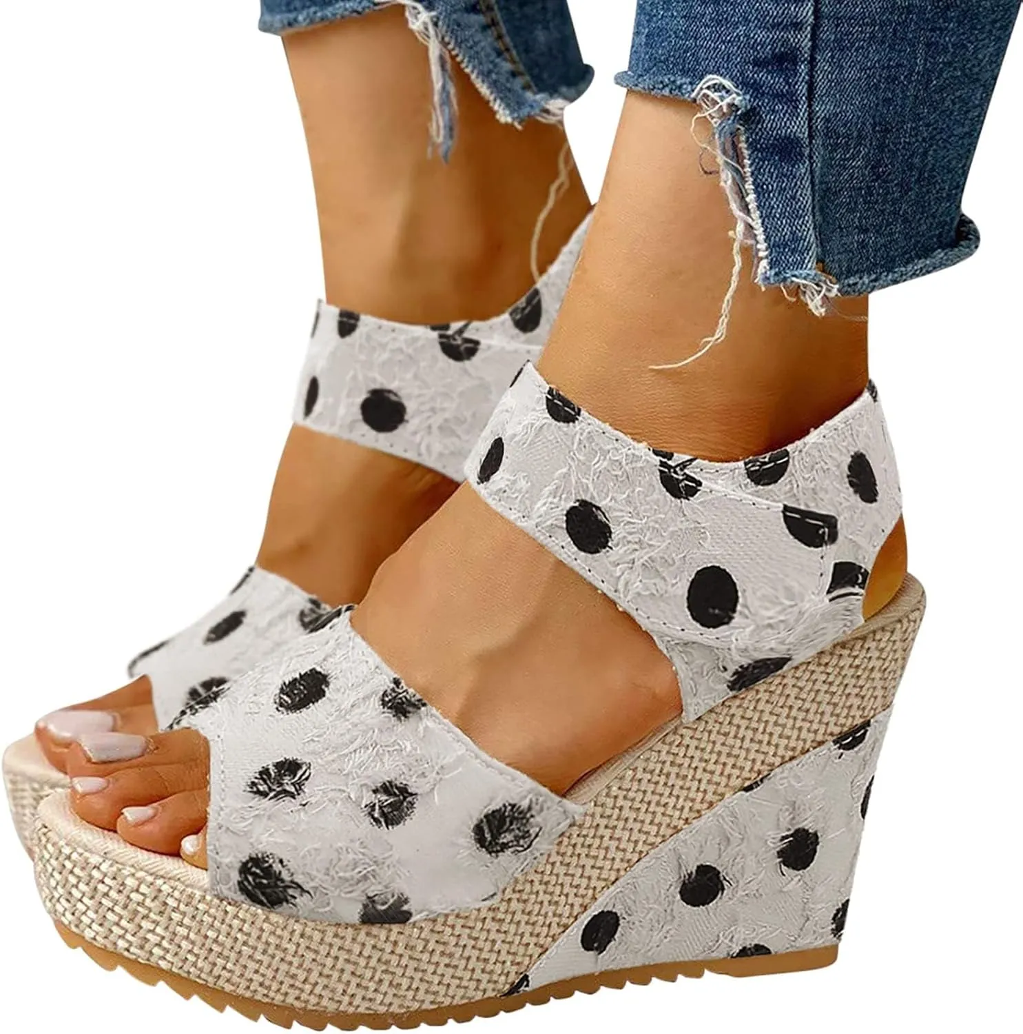 Womens Slip On Espadrilles Wedges Sandals Slides Platform Summer High Heel Open Toe Ankle Strap Buckle Sandal Comfortable Dot Print Hook and Loop Fashion Trendy Travel Outdoor Espadrilles Shoes