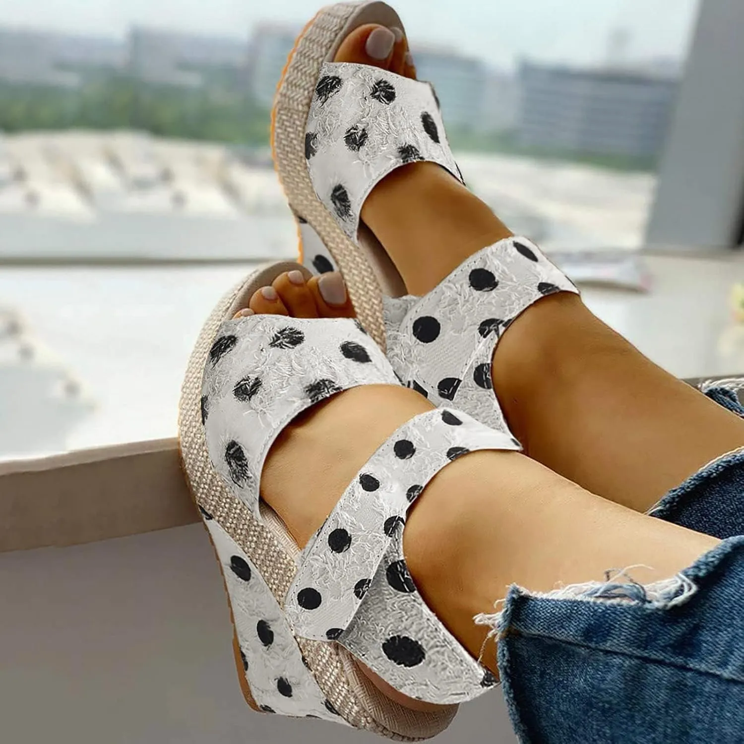 Womens Slip On Espadrilles Wedges Sandals Slides Platform Summer High Heel Open Toe Ankle Strap Buckle Sandal Comfortable Dot Print Hook and Loop Fashion Trendy Travel Outdoor Espadrilles Shoes