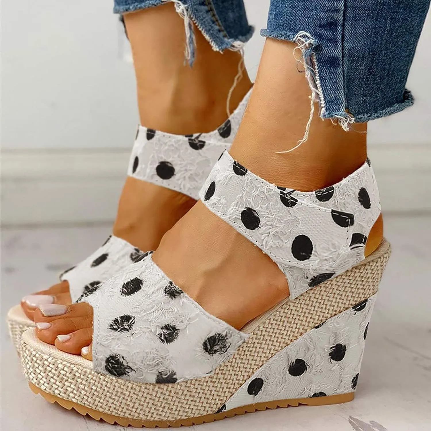 Womens Slip On Espadrilles Wedges Sandals Slides Platform Summer High Heel Open Toe Ankle Strap Buckle Sandal Comfortable Dot Print Hook and Loop Fashion Trendy Travel Outdoor Espadrilles Shoes