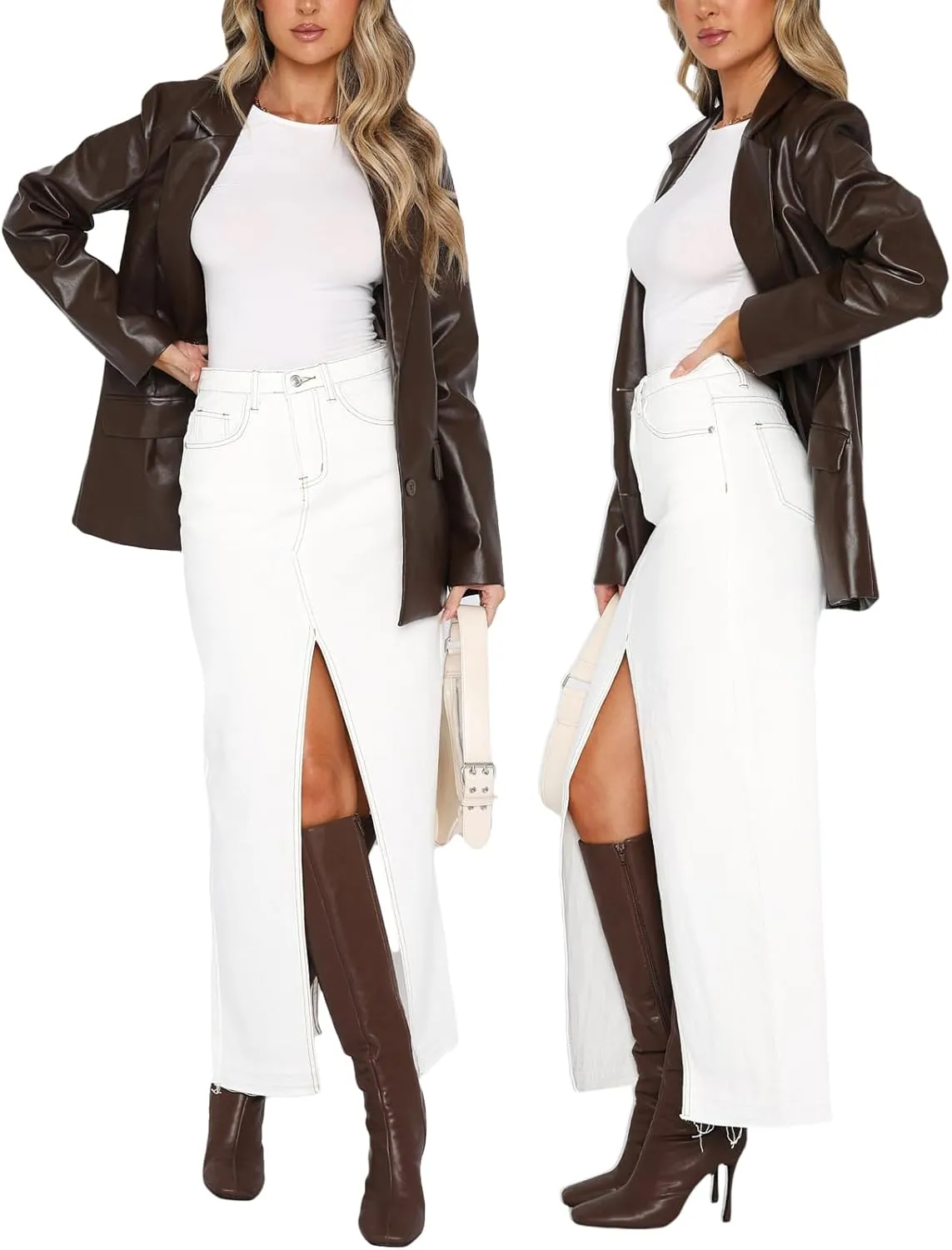 Women's Slit Front Long Denim Skirt Zipper Button Fly Stretch High Waisted Cargo Maxi Jean Skirt with Pockets