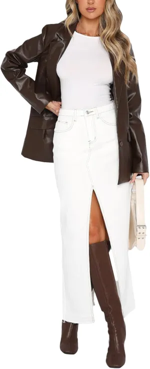 Women's Slit Front Long Denim Skirt Zipper Button Fly Stretch High Waisted Cargo Maxi Jean Skirt with Pockets