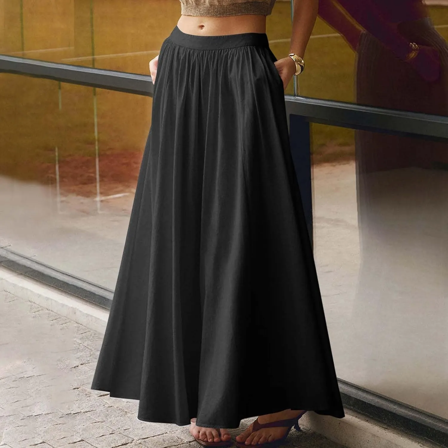 Women's Solid Color Skirts Summer Elegant High Waist Formal Maxi Skorts Casual Fashion Prom Homecoming Swing Skirt