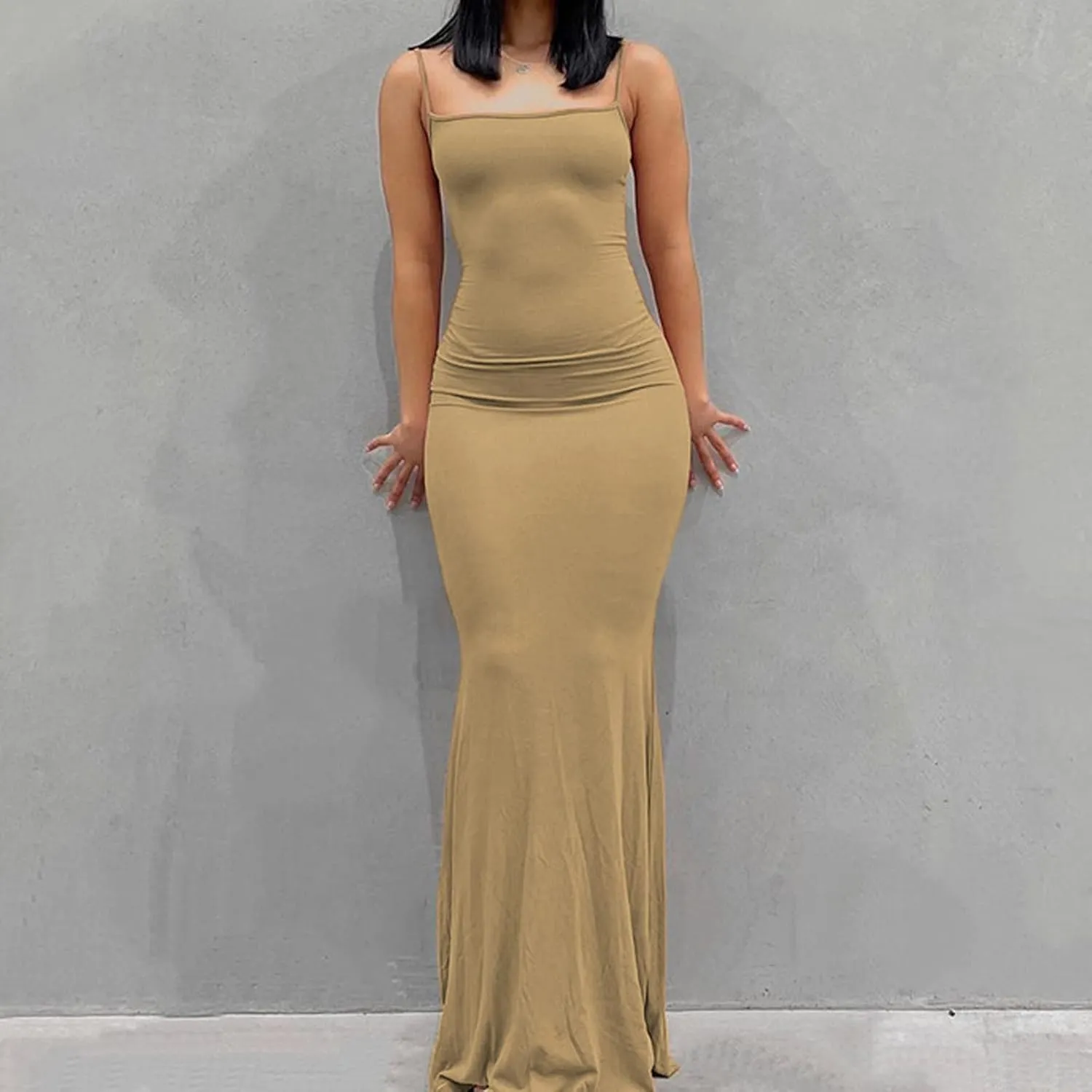 Womens Spaghetti Strap Bodycon Maxi Dress Summer Casual Sleeveless Long Beach Dresses Ruched Elegant Evening Dress