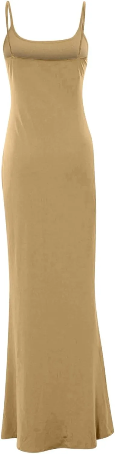 Womens Spaghetti Strap Bodycon Maxi Dress Summer Casual Sleeveless Long Beach Dresses Ruched Elegant Evening Dress