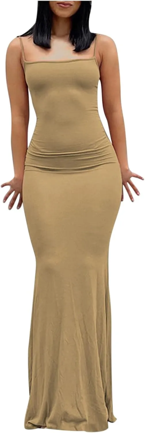 Womens Spaghetti Strap Bodycon Maxi Dress Summer Casual Sleeveless Long Beach Dresses Ruched Elegant Evening Dress