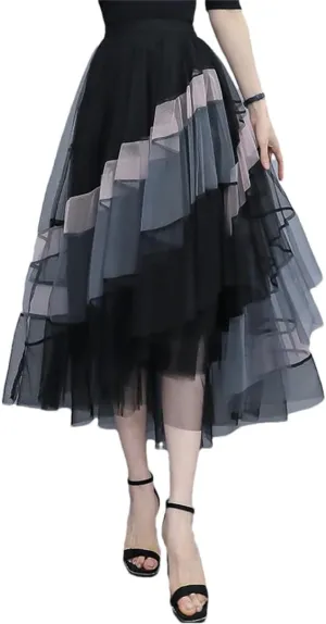 Women's Spring Summer Patchwork Tulle Maxi Skirt High Street Mesh High-Waisted Pleated Midi Skirt Black M