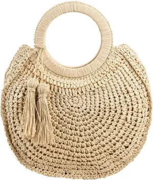 Women's Straw Beach Bags Tassel Straw Round Handheld Fashionable Bag Paper Rope Woven Casual Women's Bag, One Color, One Size