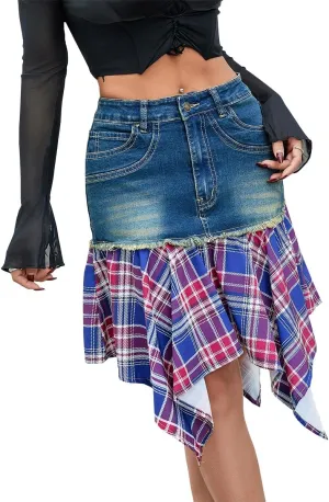 Women's Stretchy High Waisted Mini Denim Skirt Plaid Patchwork Irregular Hem Y2k A Line Jean Wrap Short Skirt