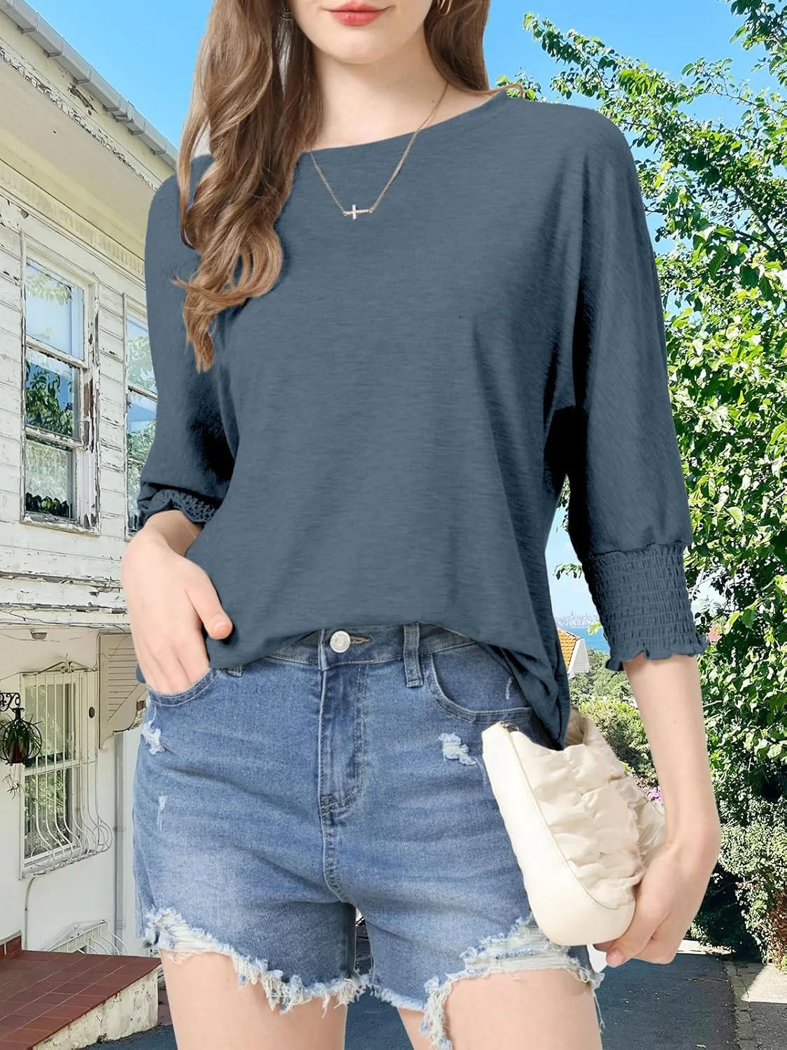 Womens Summer Blouse T-Shirts 3/4 Sleeve Tee Tops Crewneck Basic Business Tees Cute Loose Fit Going Out Shirts Blouses