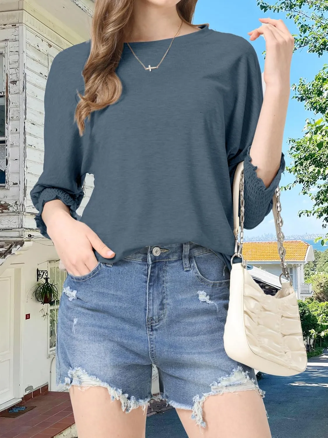 Womens Summer Blouse T-Shirts 3/4 Sleeve Tee Tops Crewneck Basic Business Tees Cute Loose Fit Going Out Shirts Blouses