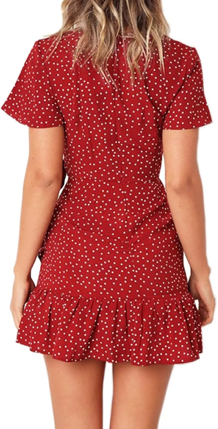 Womens Summer Casual Dresses Loose Boho Floral Printed Tank Mini Short Sleeve Dress Ruffle Tiered Party Beach Sun Dress