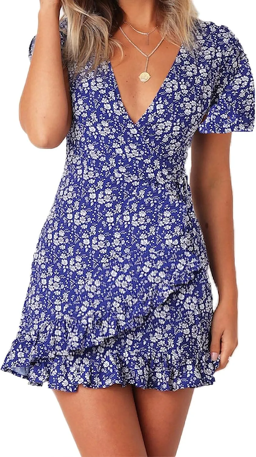 Womens Summer Casual Dresses Loose Boho Floral Printed Tank Mini Short Sleeve Dress Ruffle Tiered Party Beach Sun Dress