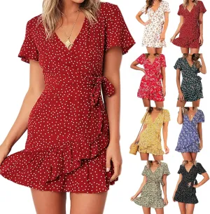 Womens Summer Casual Dresses Loose Boho Floral Printed Tank Mini Short Sleeve Dress Ruffle Tiered Party Beach Sun Dress