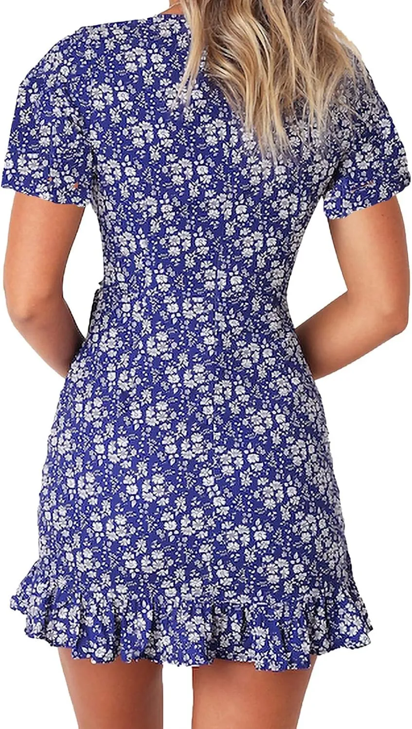Womens Summer Casual Dresses Loose Boho Floral Printed Tank Mini Short Sleeve Dress Ruffle Tiered Party Beach Sun Dress