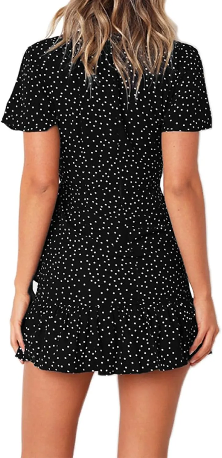 Womens Summer Casual Dresses Loose Boho Floral Printed Tank Mini Short Sleeve Dress Ruffle Tiered Party Beach Sun Dress
