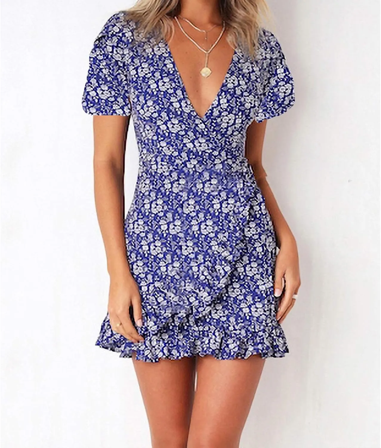 Womens Summer Casual Dresses Loose Boho Floral Printed Tank Mini Short Sleeve Dress Ruffle Tiered Party Beach Sun Dress