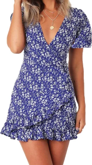 Womens Summer Casual Dresses Loose Boho Floral Printed Tank Mini Short Sleeve Dress Ruffle Tiered Party Beach Sun Dress