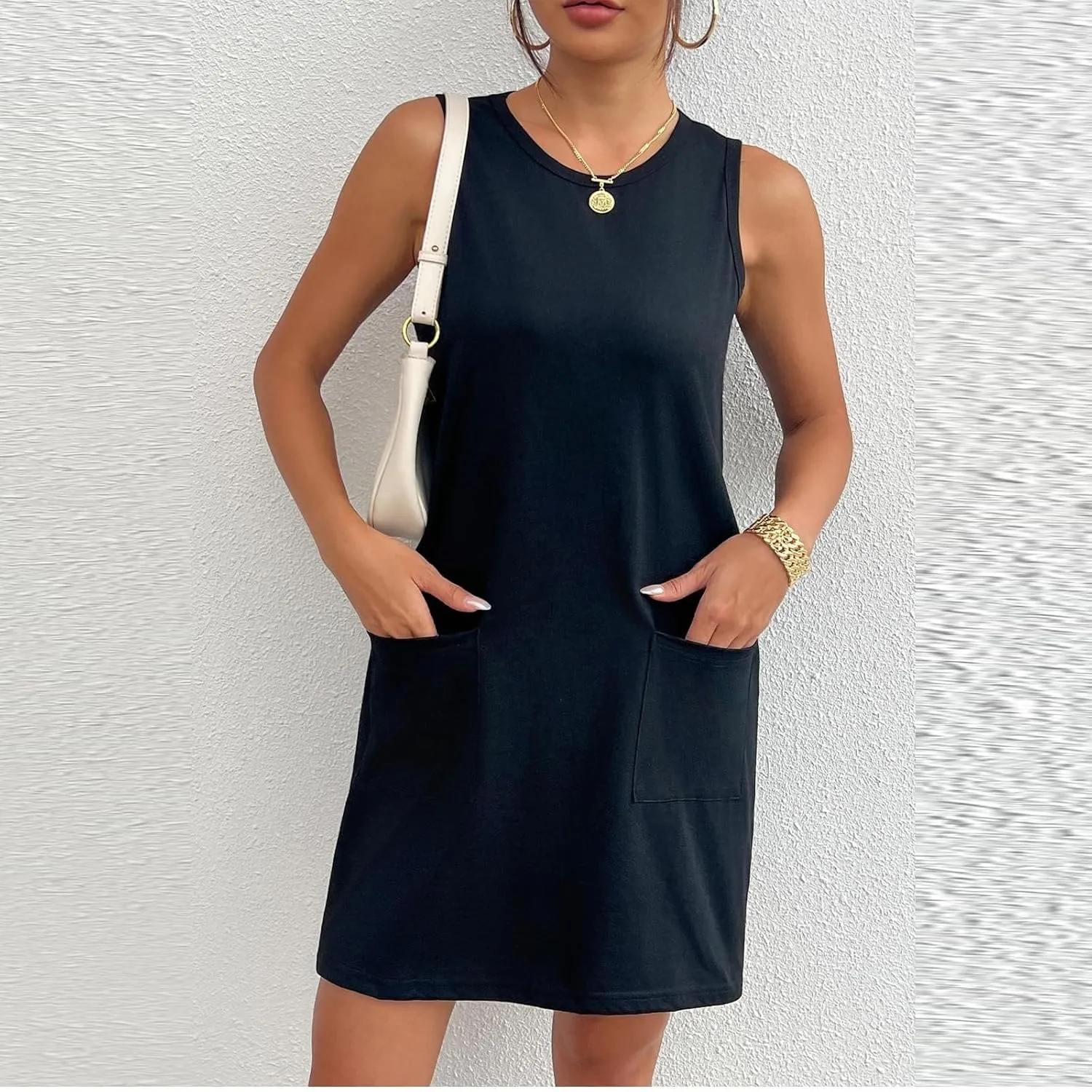 Womens Summer Dress Vacation Sleeveless Tank Crewneck A-Line Midi Dress Flowy Sundress Swing Party Short Dresses
