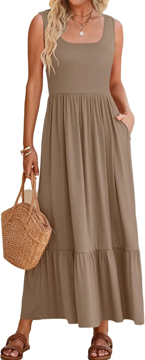 Womens Summer Dresses Square Neck Sleeveless Maxi Dress Casual Tiered Long Beach Sundress Ruffle A Line Flowy Dresses