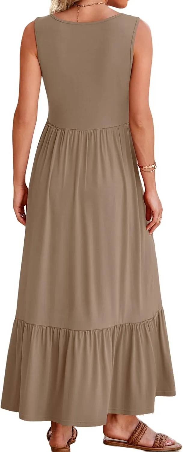 Womens Summer Dresses Square Neck Sleeveless Maxi Dress Casual Tiered Long Beach Sundress Ruffle A Line Flowy Dresses