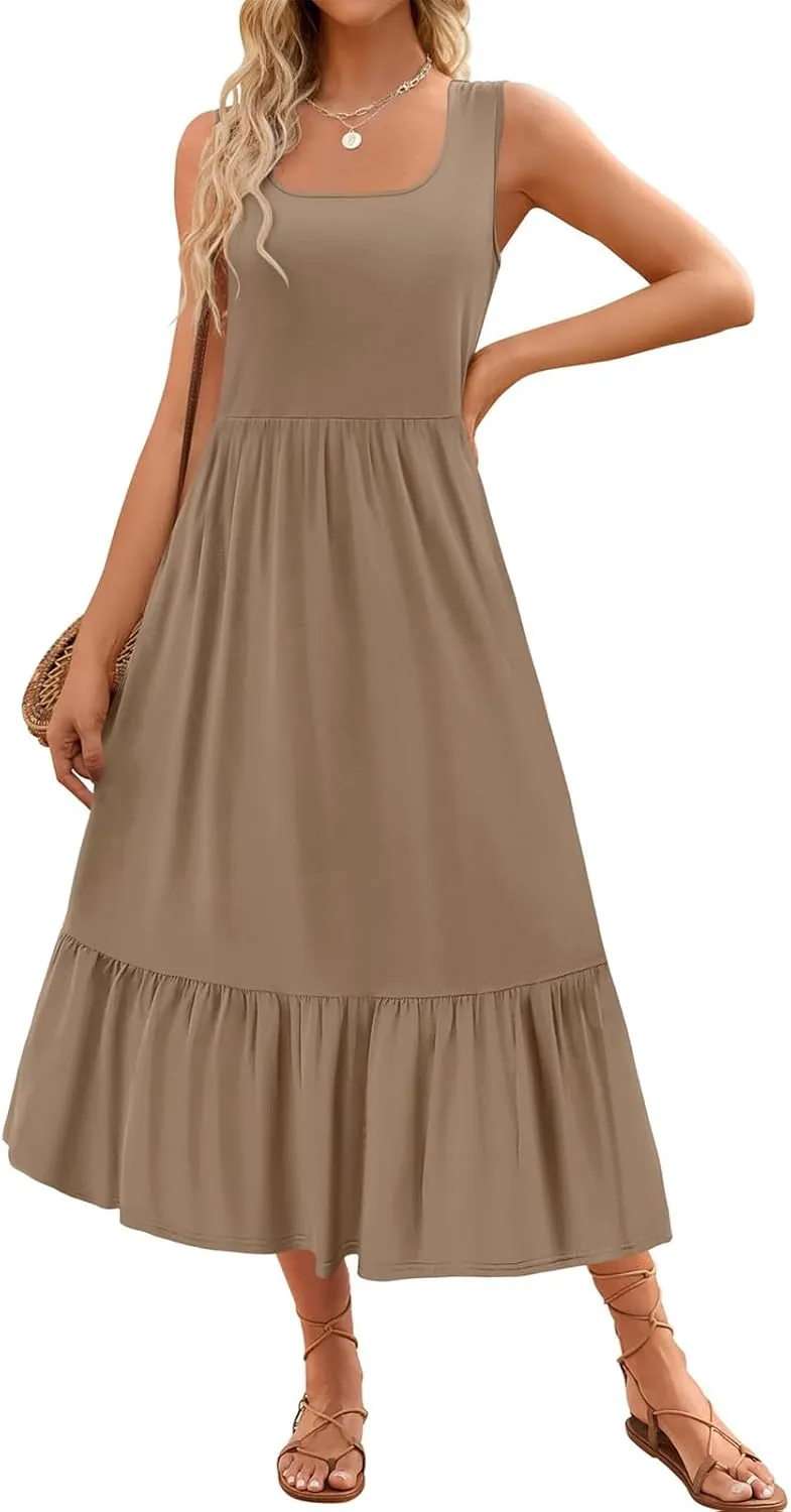 Womens Summer Dresses Square Neck Sleeveless Maxi Dress Casual Tiered Long Beach Sundress Ruffle A Line Flowy Dresses