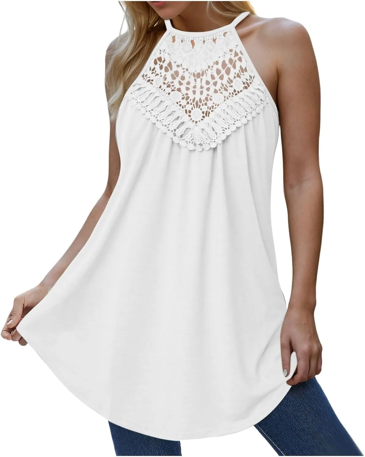 Women's Summer Halter Spaghetti Strap Flowy Tank Tops Sleeveless Shirts Blouses Lace Cami Camisole