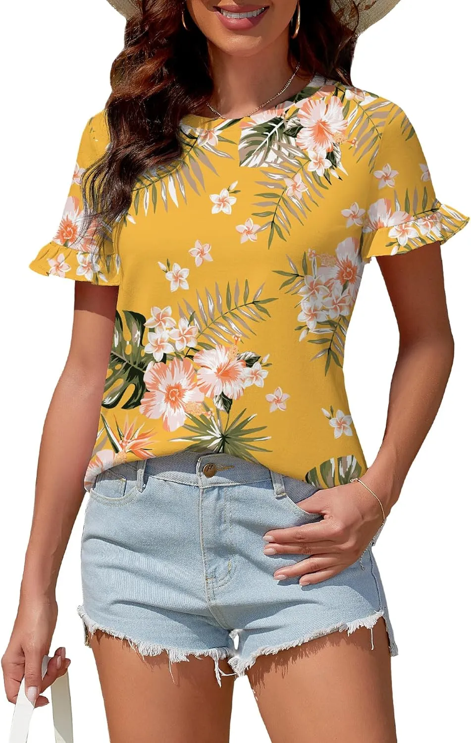 Women's Summer T-Shirts Cute Short Sleeve Tops Ruffle Basic Tees Shirts Casual Blouses