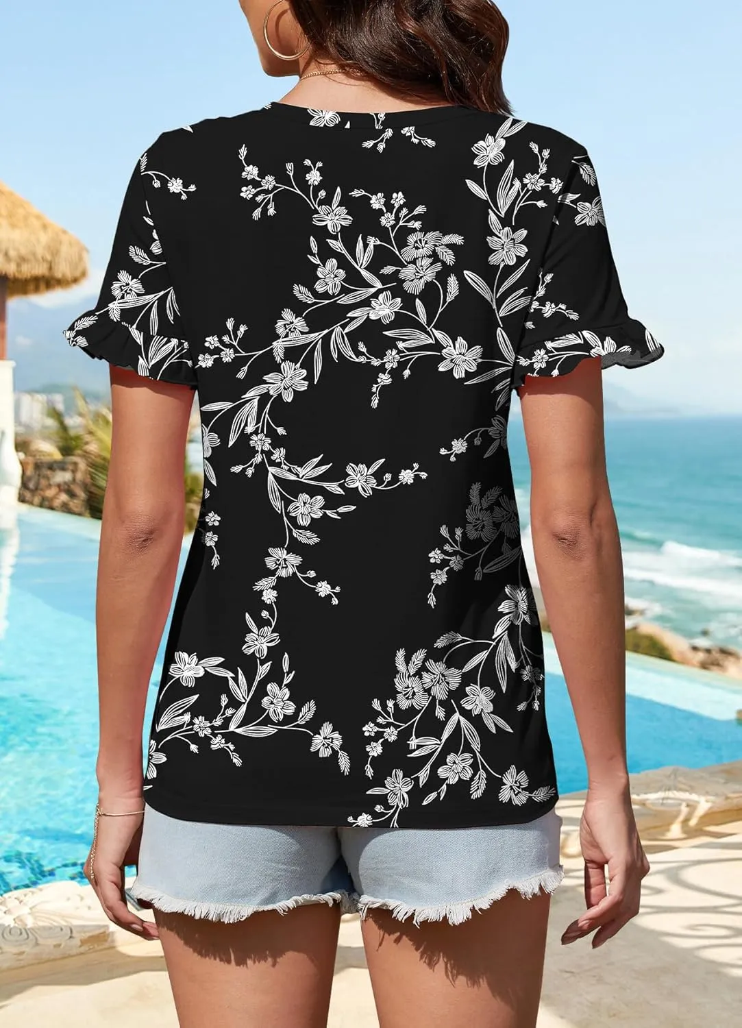 Women's Summer T-Shirts Cute Short Sleeve Tops Ruffle Basic Tees Shirts Casual Blouses